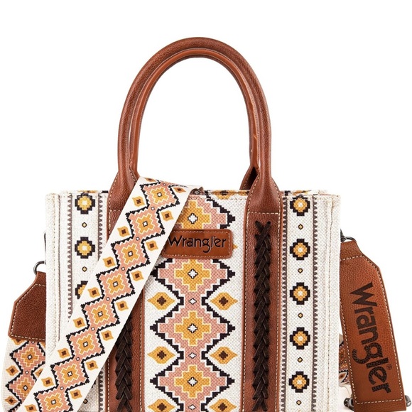 Wrangler Brown and Cream Tote with Geometric Pattern - Picture 1 of 8